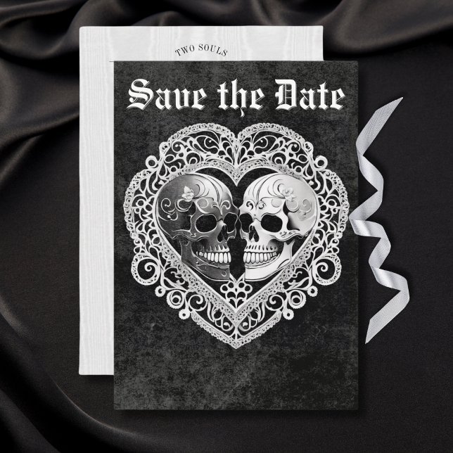 Dark Gothic Black & White Skull Couple Heart Save The Date (Creator Uploaded)