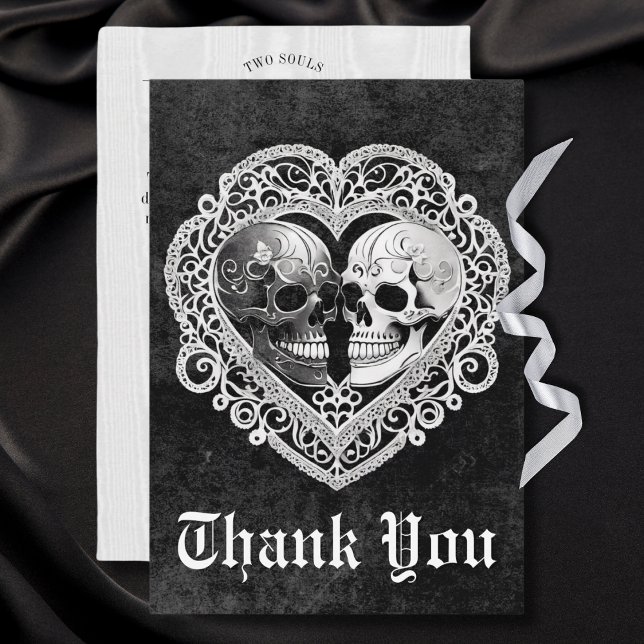 Dark Gothic Black & White Skull Couple Heart Thank You Card (Creator Uploaded)