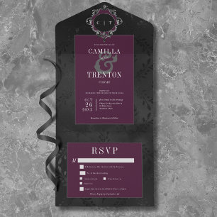 Dark Gothic Black Wine Floral Satin Dinner All In One Invitation