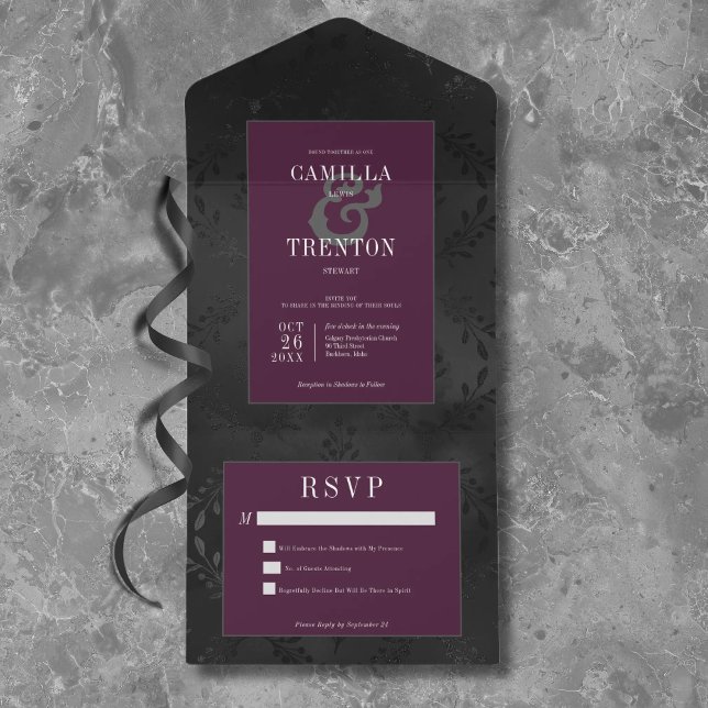 Dark Gothic Black Wine Floral Satin No Dinner All In One Invitation (Creator Uploaded)