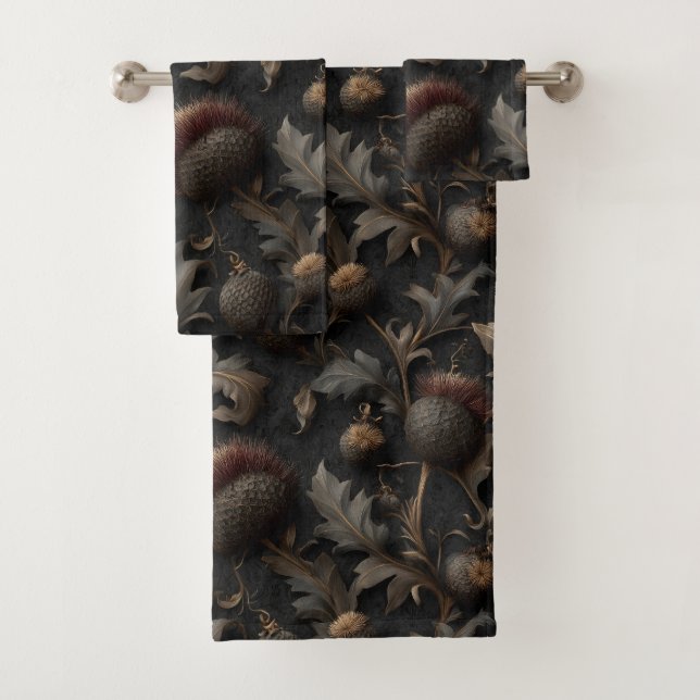 Dark Gothic Botanical Thistle Seamless Pattern Bath Towel Set (Insitu)