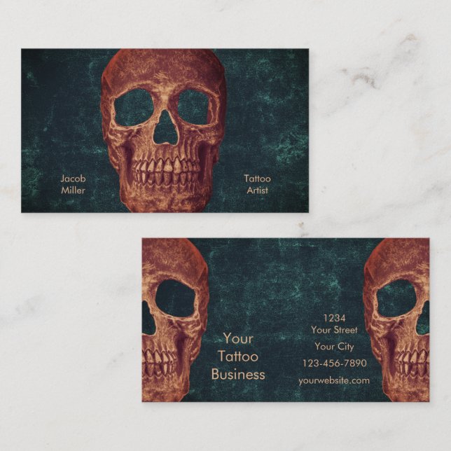 Dark Gothic Brown Skull Teal Texture Tattoo Shop Business Card (Front/Back)