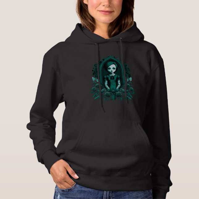 Dark Gothic Doll Chibi Style Roses Turquoise Tone  Hoodie (Front)