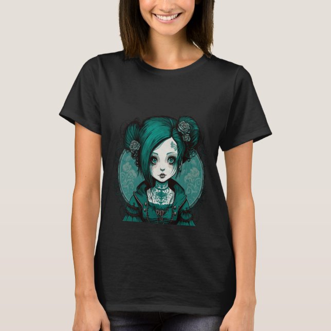 Dark Gothic Doll Chibi Style Roses Turquoise Tone T-Shirt (Front)
