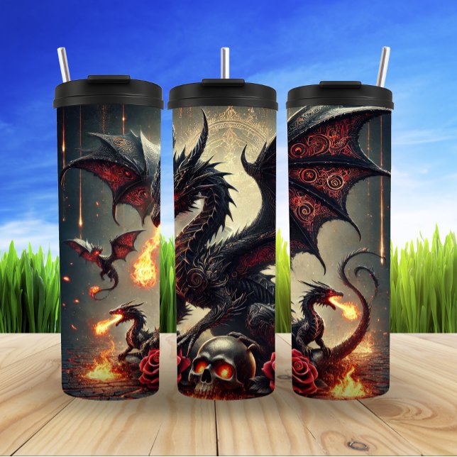 Dark Gothic Dragon with Fiery Wings Thermal Tumbler (Creator Uploaded)