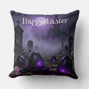 Dark Gothic Easter Scene with Glowing Eggs Cushion
