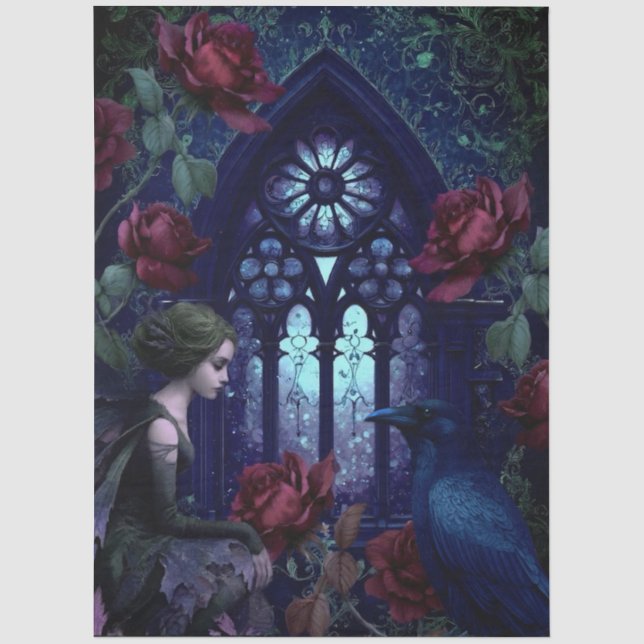 Dark Gothic Fairy Red Roses Raven Fantasy Tissue Paper (Front)