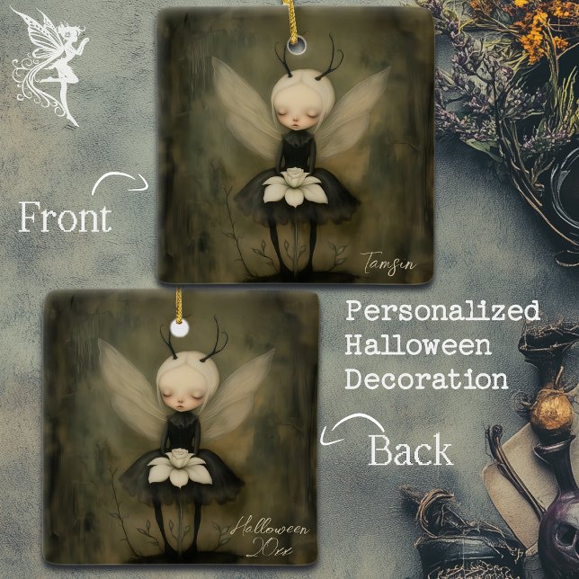 Dark Gothic Fairy with Flower Custom Name & Year Ceramic Ornament (Creator Uploaded)