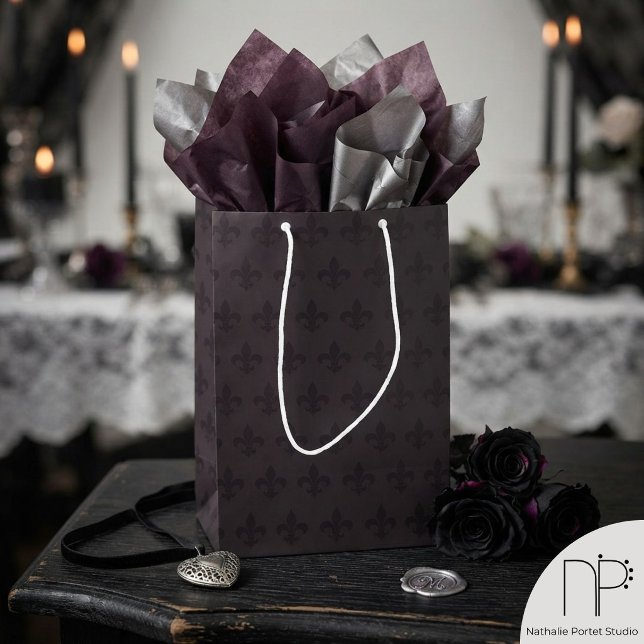 Dark Gothic Fleur de Lis Medium Gift Bag (Moody dark plum gothic fleur de lis medium gift bag for elegant alternative gothic gift wrapping)