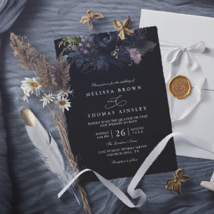 Dark Gothic Floral Black Elegant QR Code Wedding Invitation