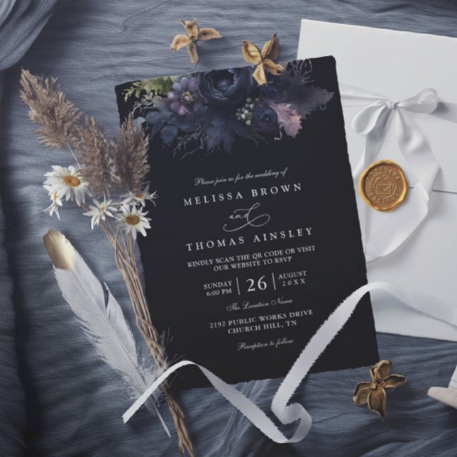 Dark Gothic Floral Black Elegant QR Code Wedding Invitation (Creator Uploaded)