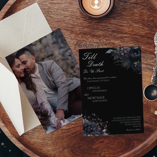 Dark Gothic Floral Black Till Death Photo Wedding Invitation (Creator Uploaded)