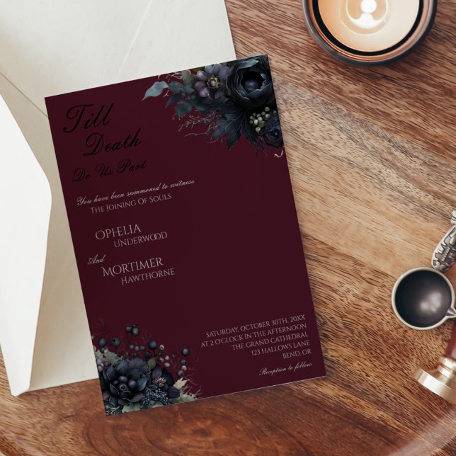 Dark Gothic Floral Burgundy Till Death Wedding Invitation (Creator Uploaded)