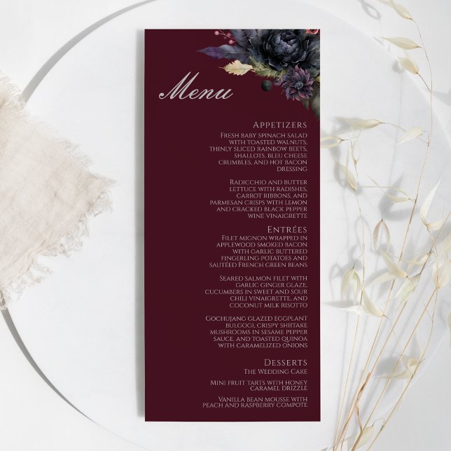 Dark Gothic Floral Burgundy Wedding Flat Menu (Creator Uploaded)