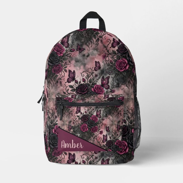Dark Gothic Floral & Butterfly Pattern  Printed Backpack (Front)