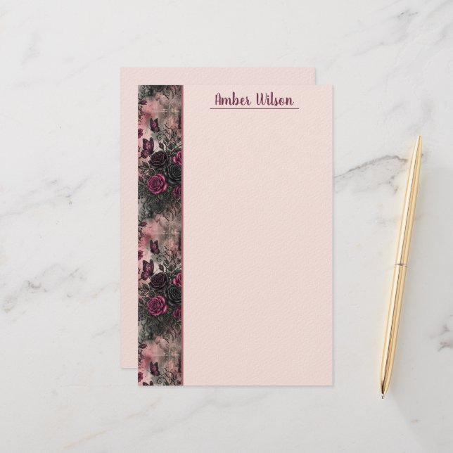 Dark Gothic Floral & Butterfly Pattern  Stationery (Front/Back In Situ)
