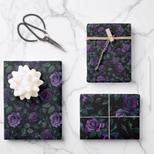 Dark Gothic Floral Pattern with Deep Purple Roses Wrapping Paper Sheet
