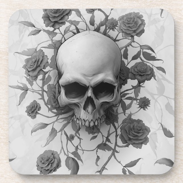 Dark Gothic Floral Rose Skull Coaster (Front)