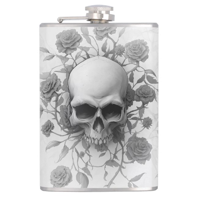 Dark Gothic Floral Rose Skull Hip Flask (Front)