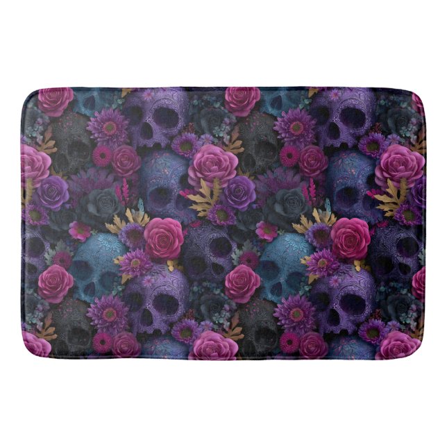 Dark Gothic Floral Skull Seamless Pattern Bath Mat (Front)