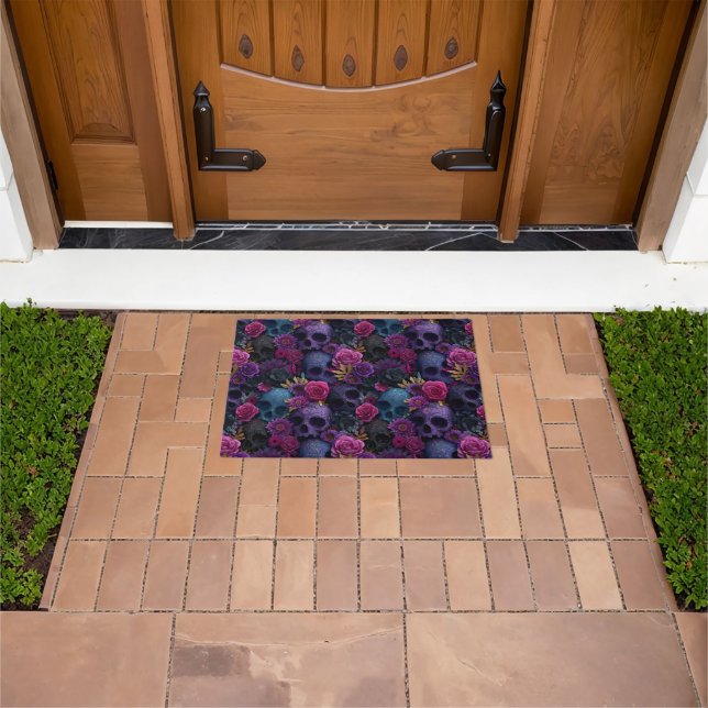 Dark Gothic Floral Skull Seamless Pattern Doormat (Outdoor)