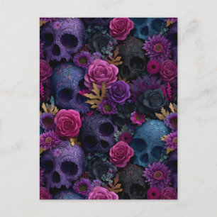 Dark Gothic Floral Skull Seamless Pattern Holiday Postcard