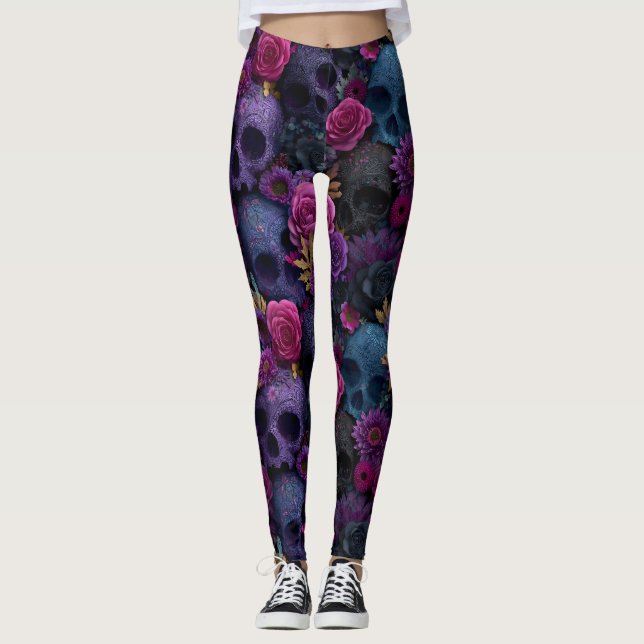 Dark Gothic Floral Skull Seamless Pattern Leggings (Front)