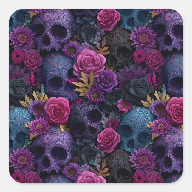 Dark Gothic Floral Skull Seamless Pattern Square Sticker (Front)