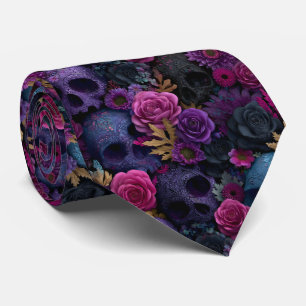 Dark Gothic Floral Skull Seamless Pattern Tie