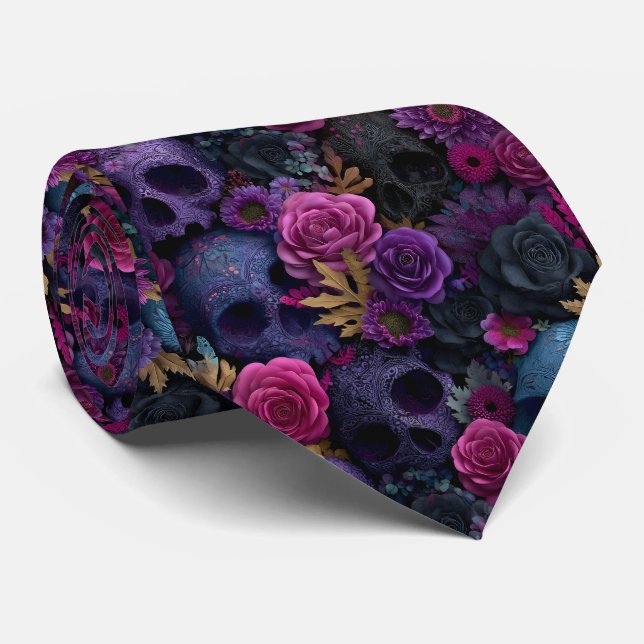 Dark Gothic Floral Skull Seamless Pattern Tie (Rolled)