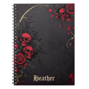 Dark Gothic Floral Skulls Black Red Rose Notebook
