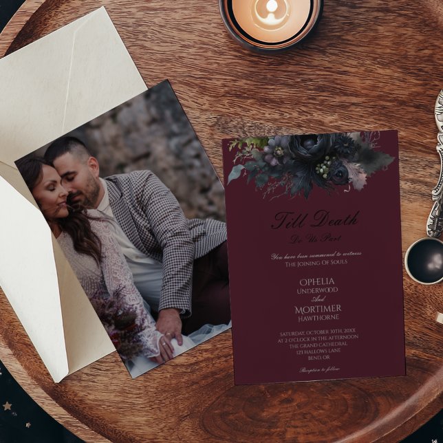 Dark Gothic Floral Till Death Formal Photo Wedding Invitation (Creator Uploaded)