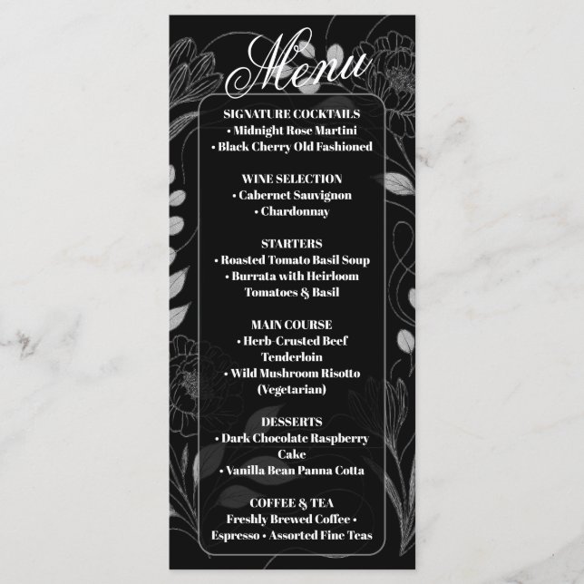 Dark Gothic Florals Monochrome Black White Wedding Menu (Front)