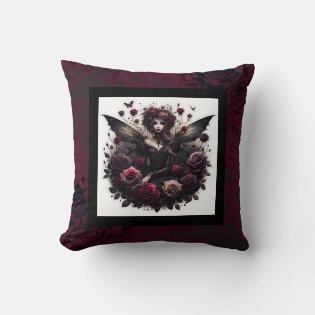 Dark Gothic Forest Fairy Floral Roses Burgundy Cushion (Front)