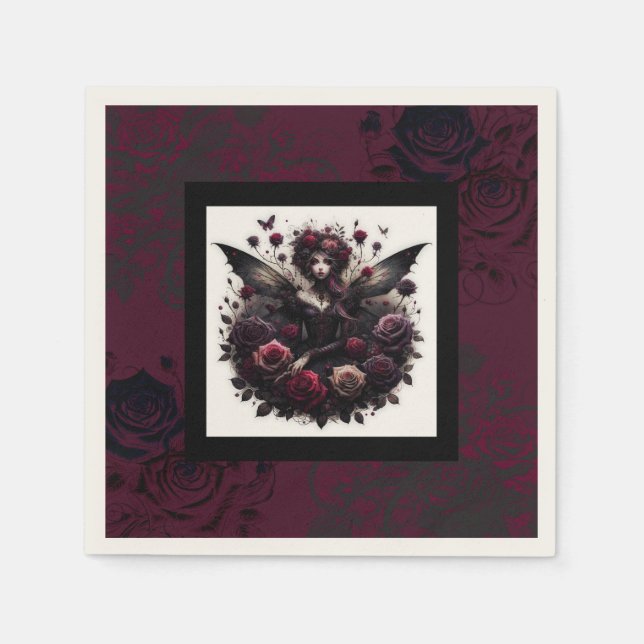 Dark Gothic Forest Fairy Floral Roses Burgundy Napkin (Front)