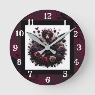 Dark Gothic Forest Fairy Floral Roses Burgundy Round Clock