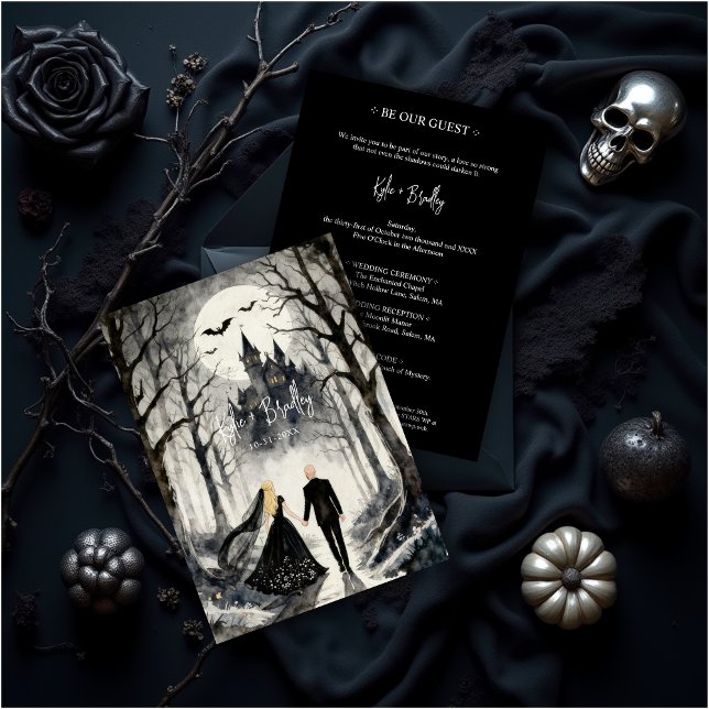 Dark Gothic Forest Wedding Couple Haunted Castle Invitation (Dark Gothic Forest Wedding Couple Haunted Castle Invitation Card Design.)