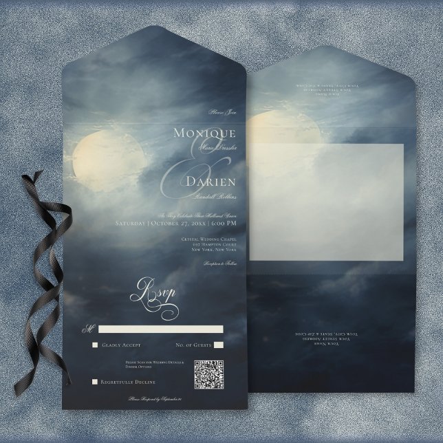 Dark Gothic Full Moon Night Sky QR Code All In One Invitation (Dark Gothic Full Moon Night Sky All In One Wedding Invitation with QR Code)
