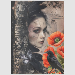 Dark Gothic Girl Raven Red Poppies Abstract Art  Tissue Paper