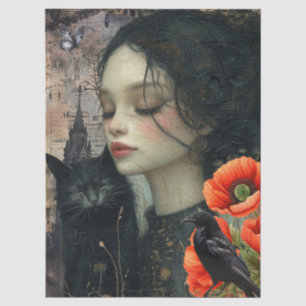 Dark Gothic Girl Raven Red Poppies Abstract Art Tissue Paper