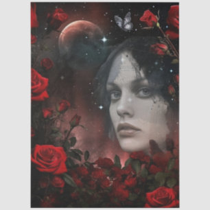 Dark Gothic Girl Red Roses & Moon Abstract Art Tissue Paper