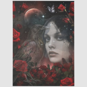 Dark Gothic Girl Red Roses & Raven Abstract Art Tissue Paper