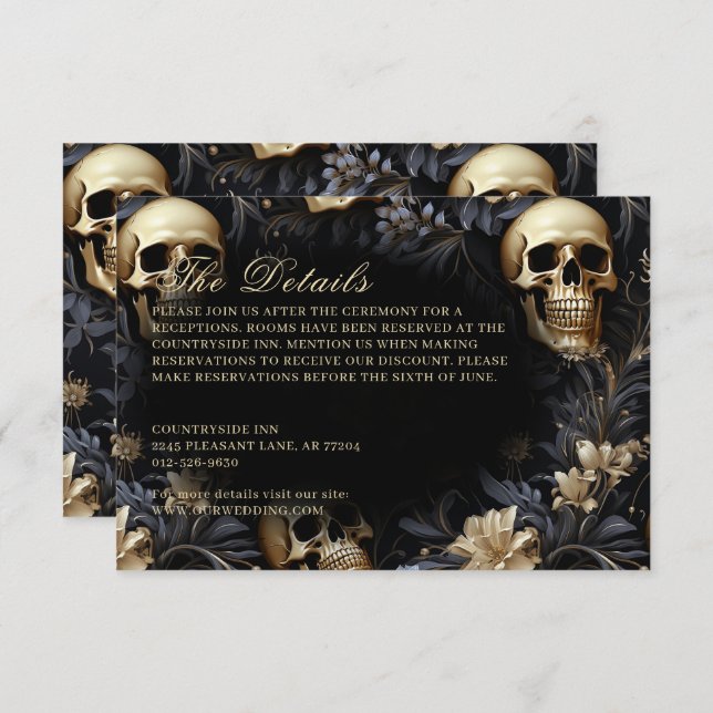 Dark Gothic Gold Skulls & Flowers Wedding Enclosure Card (Front/Back)