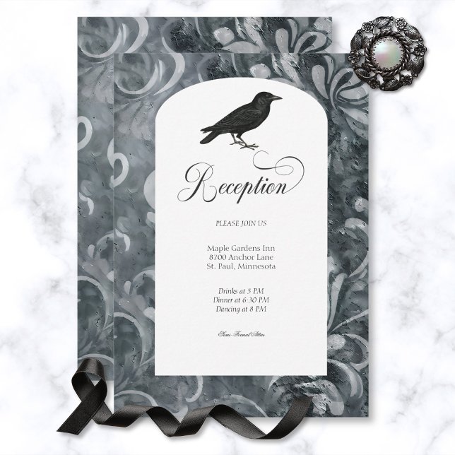 Dark Gothic Grey & Black Damask & Ravens Reception Enclosure Card (Creator Uploaded)