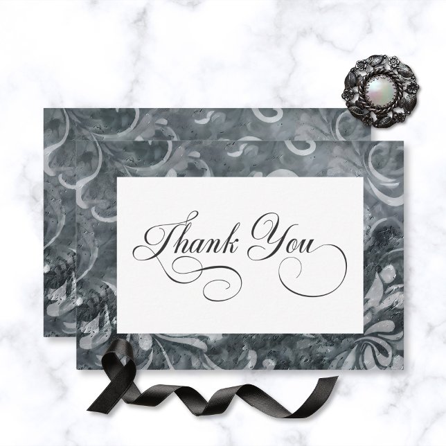 Dark Gothic Grey & Black Damask & Ravens Wedding Thank You Card (Creator Uploaded)