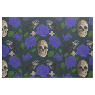 Dark Gothic Grungy Rose Vines Raven Skull Blue Fabric
