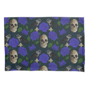 Dark Gothic Grungy Rose Vines Raven Skull blue Pillowcase