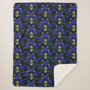 Dark Gothic Grungy Rose Vines Raven Skull blue Sherpa Blanket