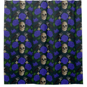 Dark Gothic Grungy Rose Vines Raven Skull blue Shower Curtain
