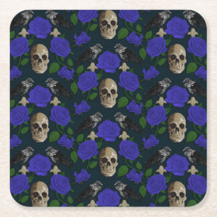 Dark Gothic Grungy Rose Vines Raven Skull blue Square Paper Coaster